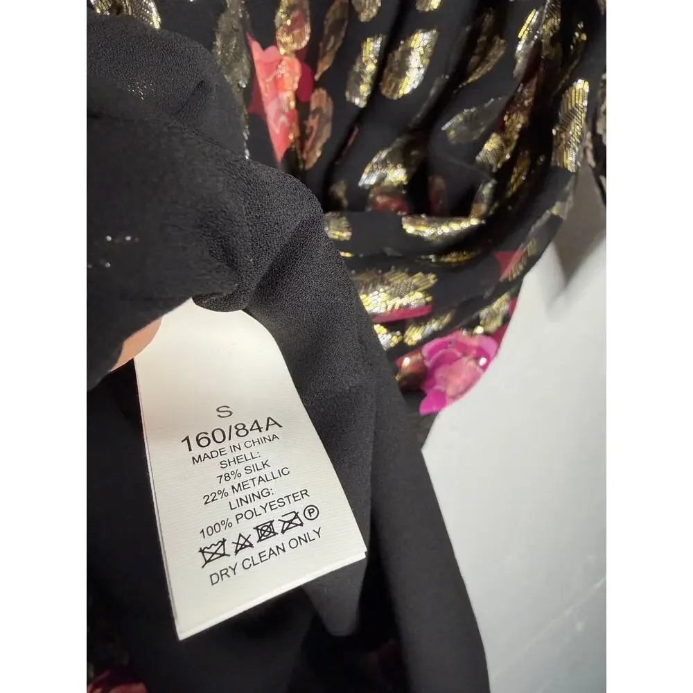 Kate Spade rose garden Smocked Shift Dress Womens Small Black Gold Silk